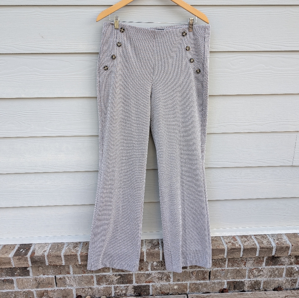 Express Pants Size L Brown Cream Pull on Wide Leg High Rise Stretchy Buttons
